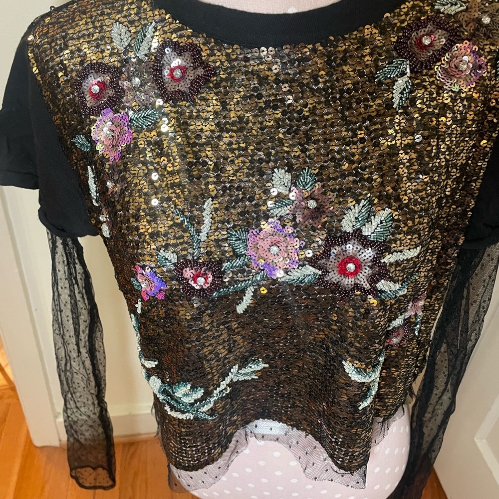 Free People Black Sequin Life Of The Party Mesh Sleeve Top - Picture 5 of 8